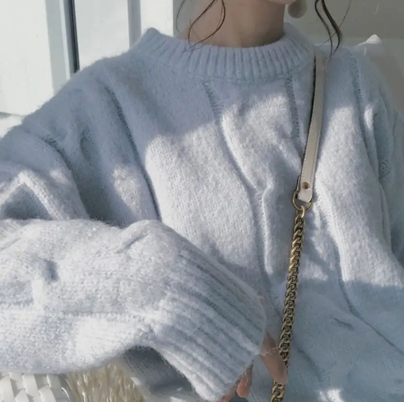 Soft Milk Blue Knit Women's Lazy Pullover Autumn Winter - Image 5