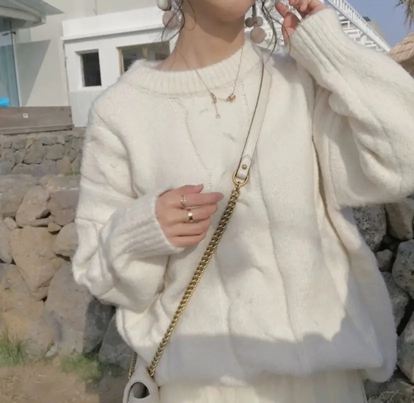 Soft Milk Blue Knit Women's Lazy Pullover Autumn Winter - Image 3