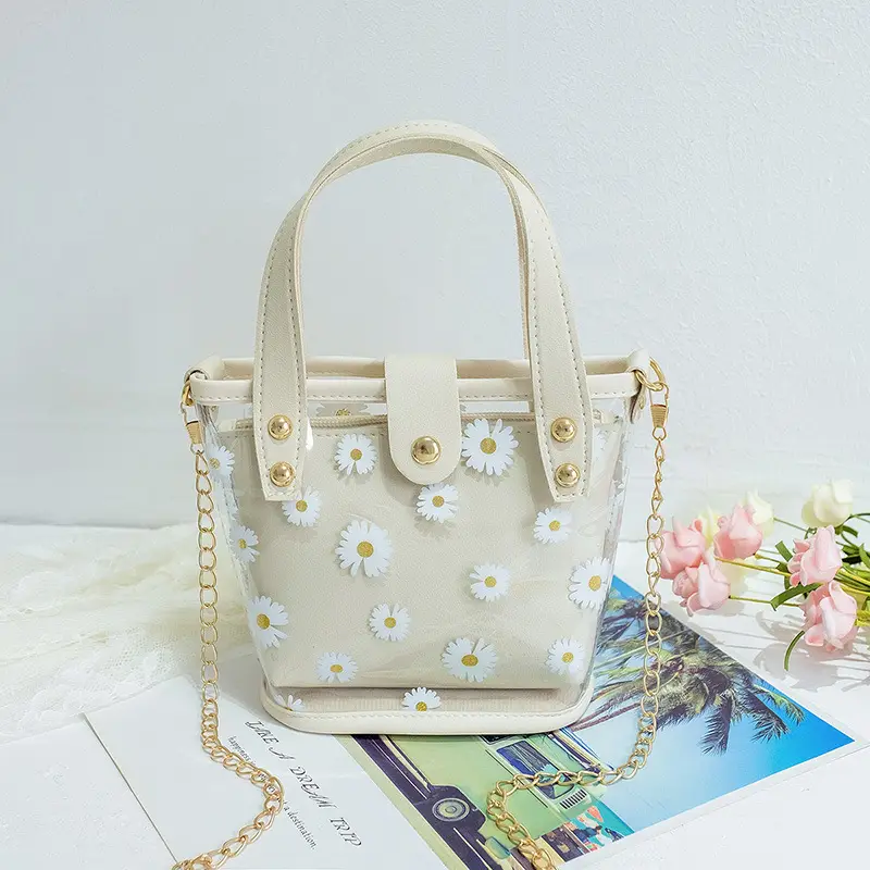 Transparent Chiffon Bucket Bag with Yellow Leather Handles - Image 6