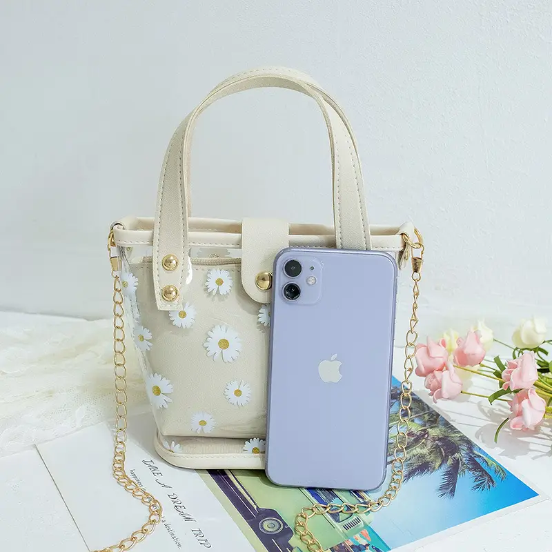 Transparent Chiffon Bucket Bag with Yellow Leather Handles - Image 7