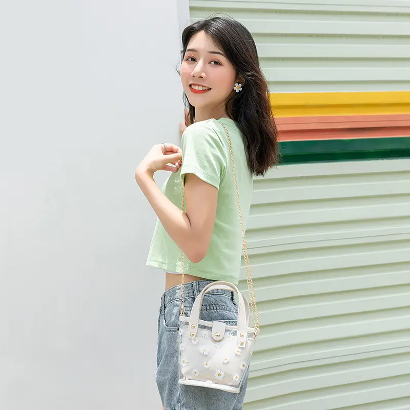 Transparent Chiffon Bucket Bag with Yellow Leather Handles - Image 8