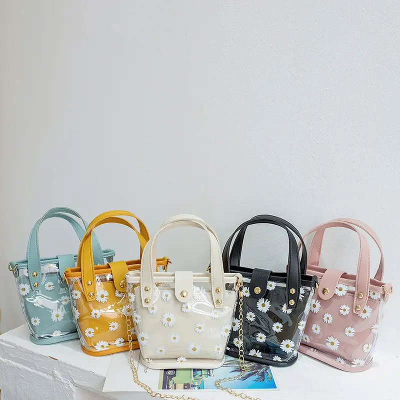 Transparent Chiffon Bucket Bag with Yellow Leather Handles - Image 9