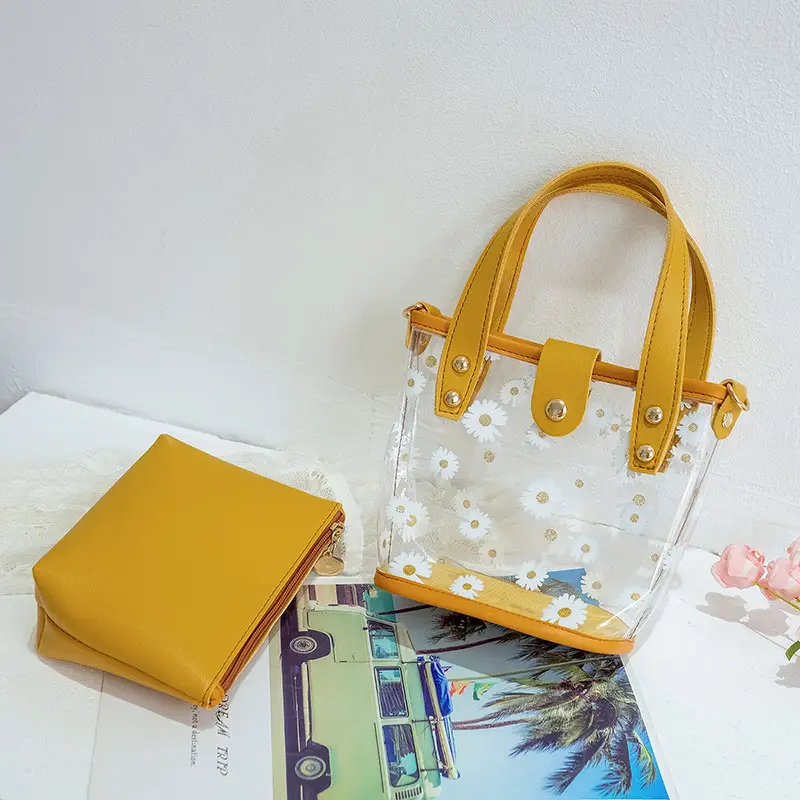 Transparent Chiffon Bucket Bag with Yellow Leather Handles - Image 2