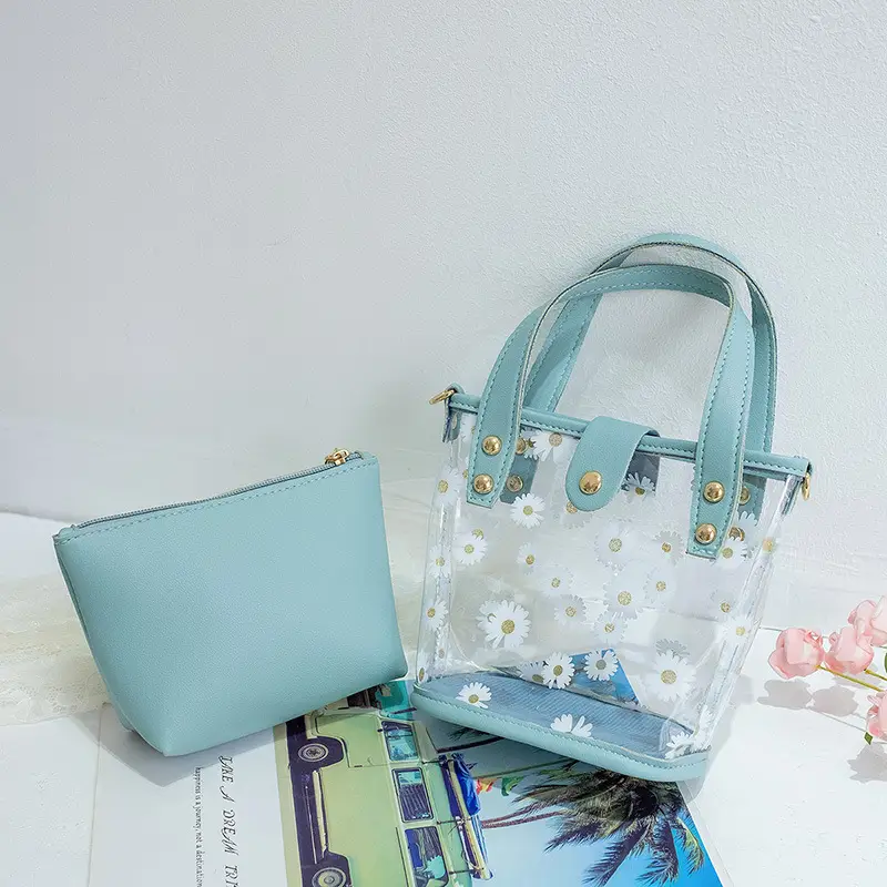 Transparent Chiffon Bucket Bag with Yellow Leather Handles - Image 3