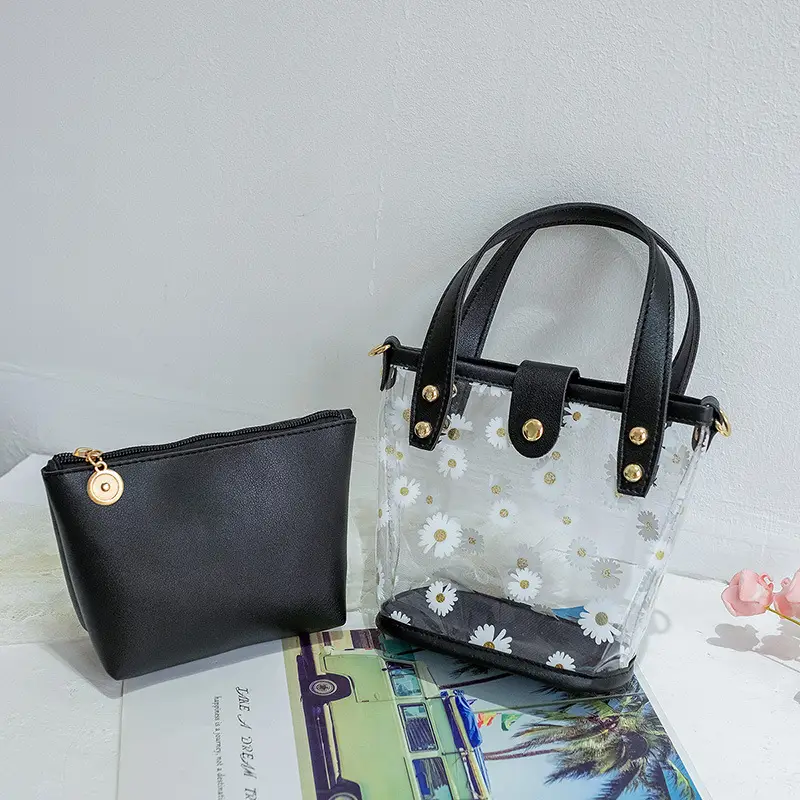 Transparent Chiffon Bucket Bag with Yellow Leather Handles - Image 4
