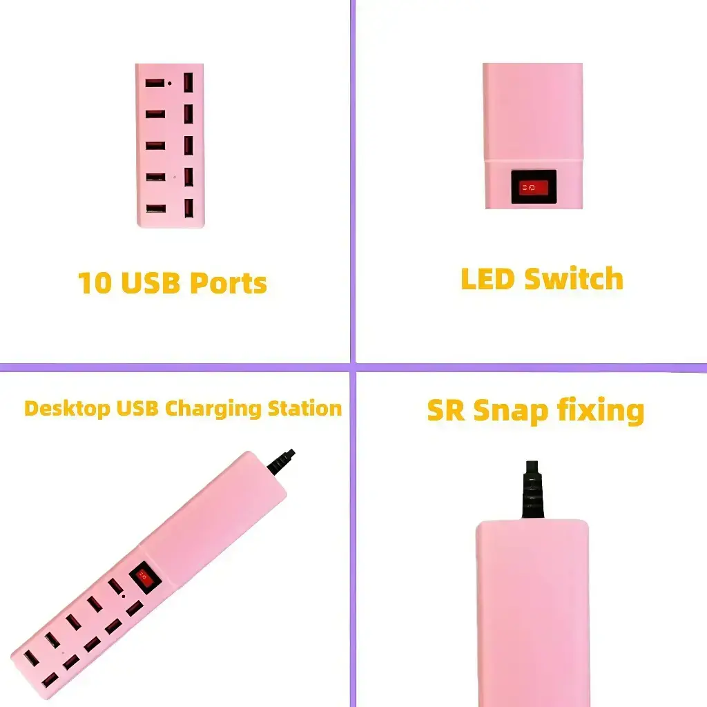 Pink 10-Port USB Charging Head with 2-Pin Plug - Image 14