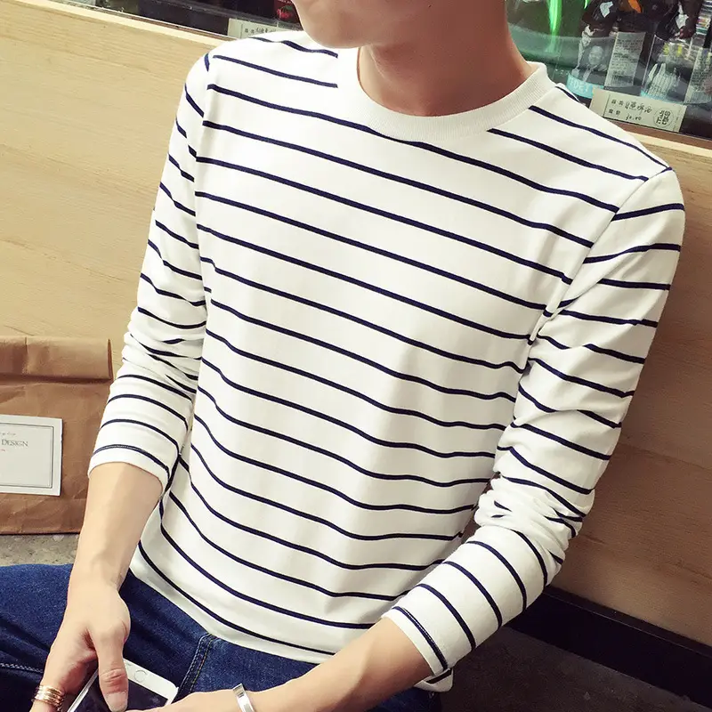 Men Striped Long Sleeve Crewneck T-Shirt White Red - Image 5