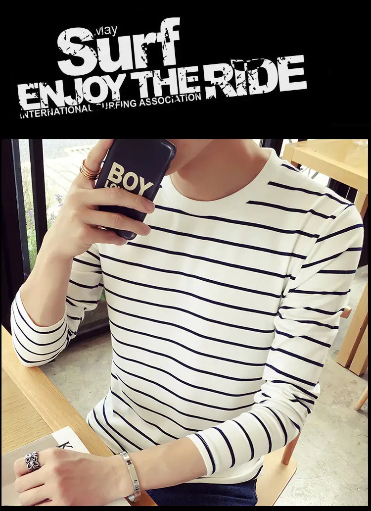 Men Striped Long Sleeve Crewneck T-Shirt White Red — feature 1