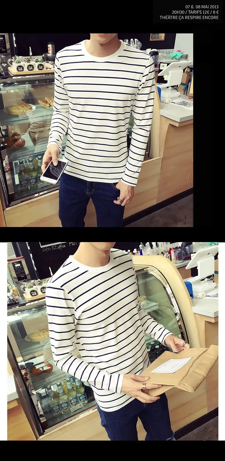 Men Striped Long Sleeve Crewneck T-Shirt White Red — feature 12