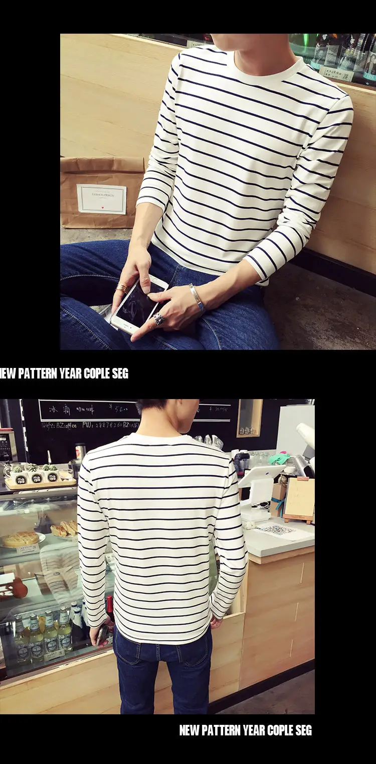 Men Striped Long Sleeve Crewneck T-Shirt White Red — feature 13