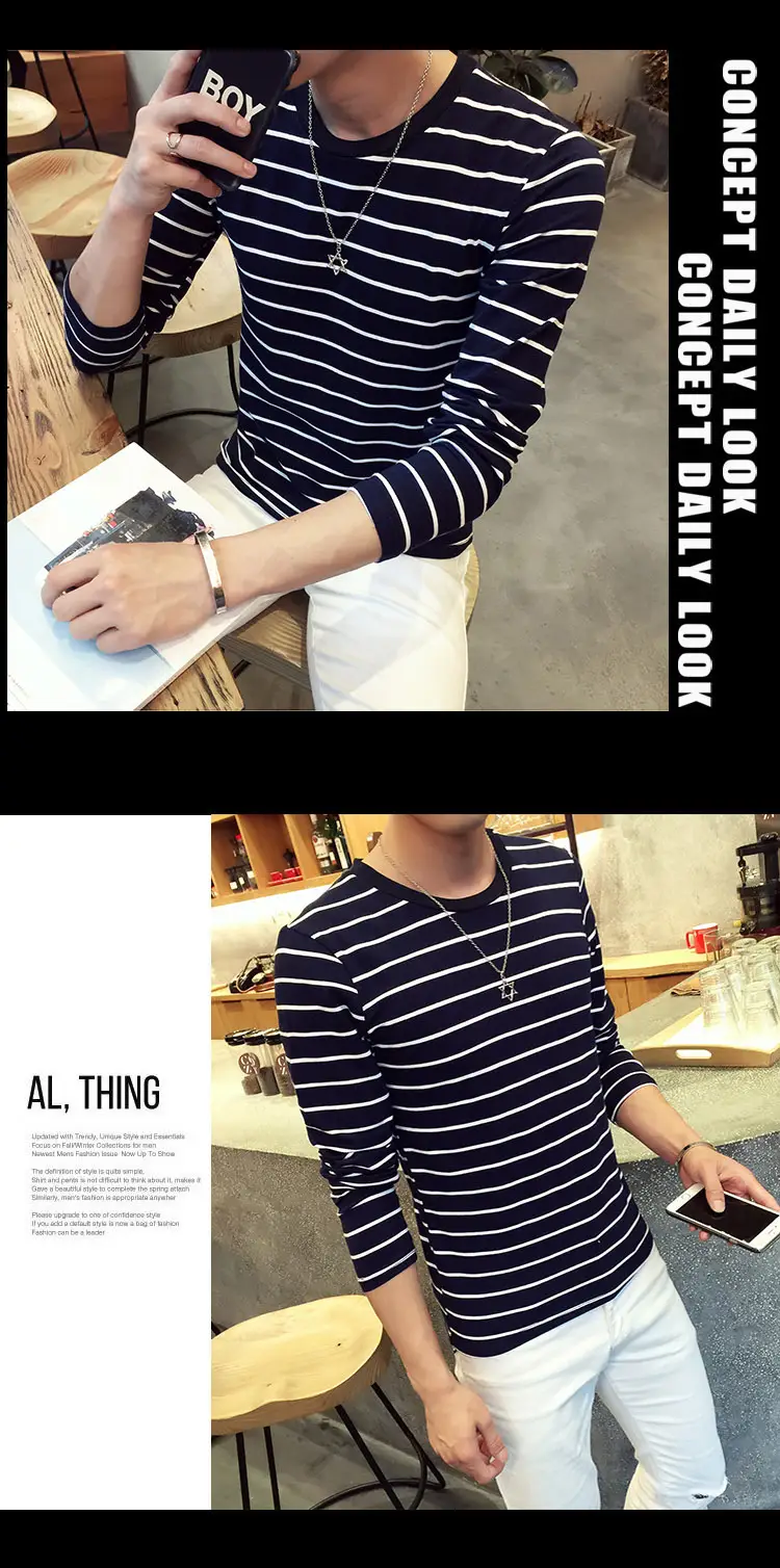 Men Striped Long Sleeve Crewneck T-Shirt White Red — feature 14