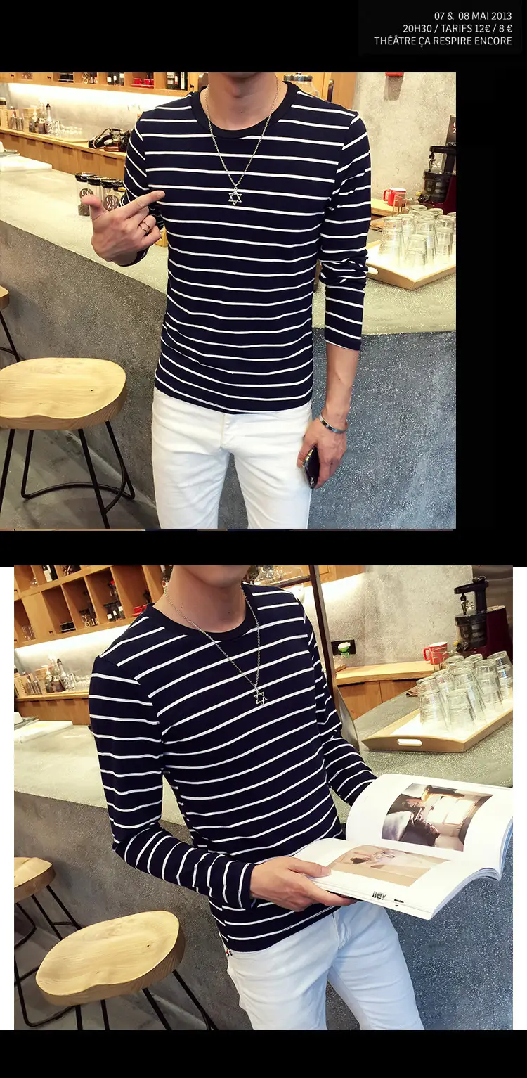 Men Striped Long Sleeve Crewneck T-Shirt White Red — feature 15