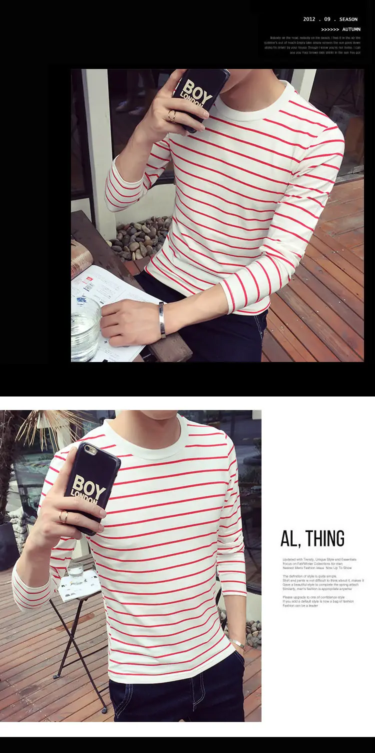 Men Striped Long Sleeve Crewneck T-Shirt White Red — feature 4
