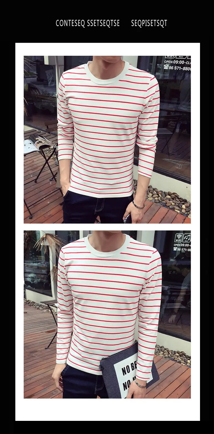 Men Striped Long Sleeve Crewneck T-Shirt White Red — feature 5