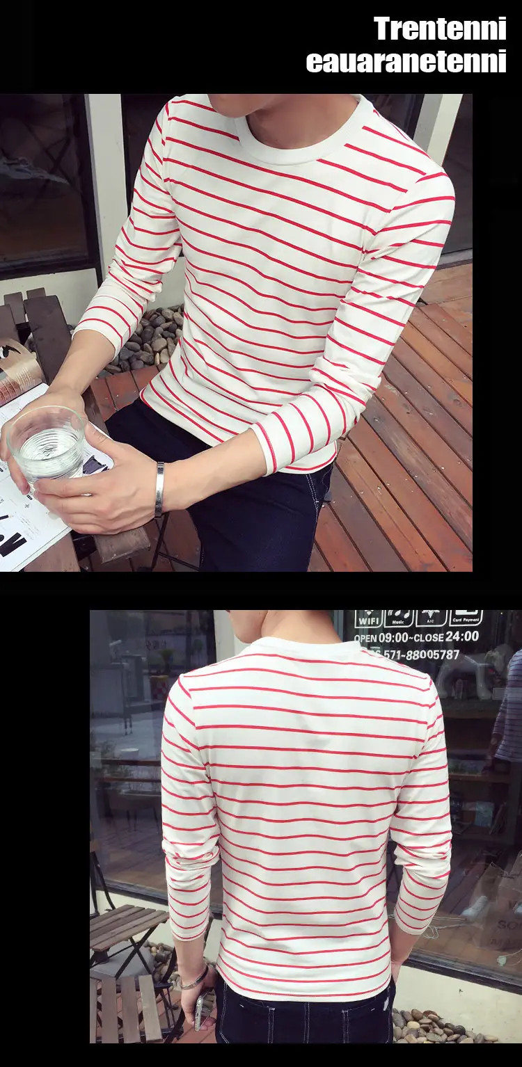 Men Striped Long Sleeve Crewneck T-Shirt White Red — feature 6