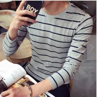 Men Striped Long Sleeve Crewneck T-Shirt White Red - Image 3