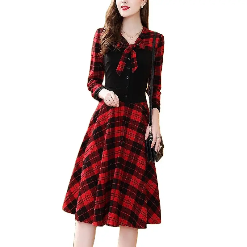 Women Western Plaid Skirt Dress Red Black Waist Slimming - Image 6