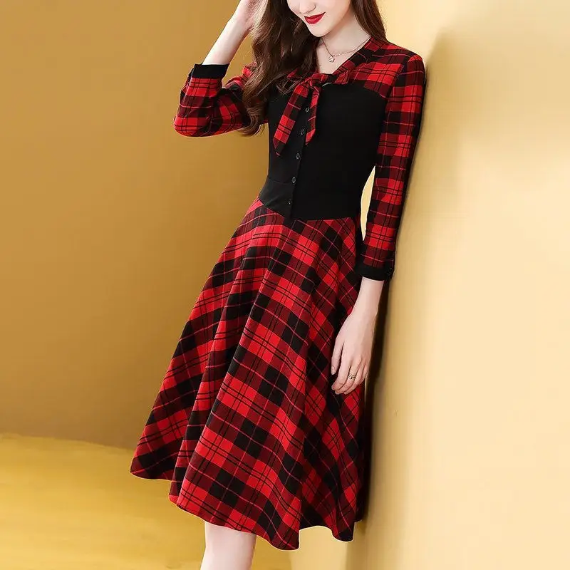 Women Western Plaid Skirt Dress Red Black Waist Slimming — feature 6