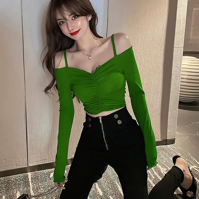 Green Off-Shoulder Long Sleeve Top for Women