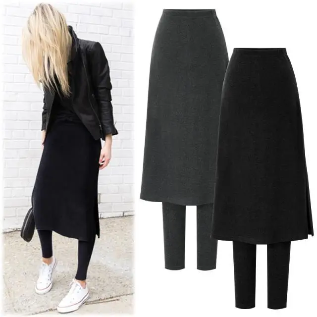 Women's Fake Two-Piece Leggings Set Grey Black Winter Warm Outerwear - Image 2