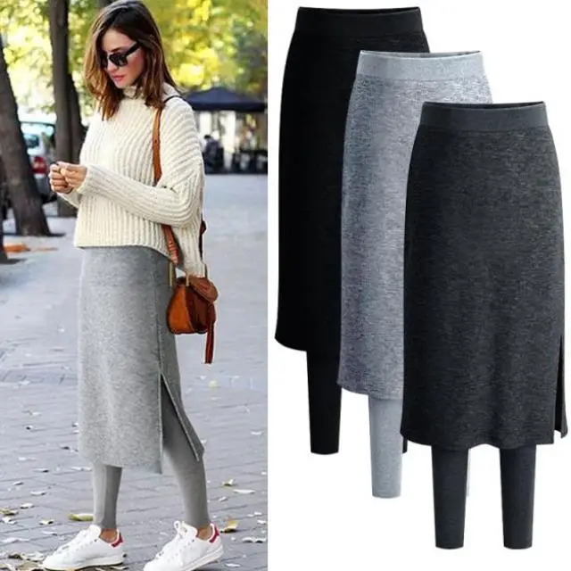 Women's Fake Two-Piece Leggings Set Grey Black Winter Warm Outerwear - Image 4