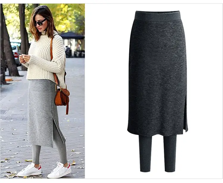 Women's Fake Two-Piece Leggings Set Grey Black Winter Warm Outerwear — feature 8