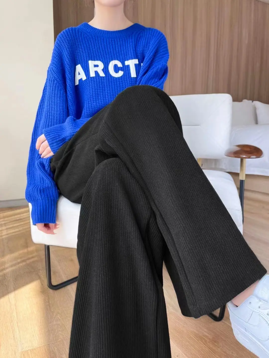 Women's Wide Leg Chenille Pants Cream Black Spring Autumn - Image 3