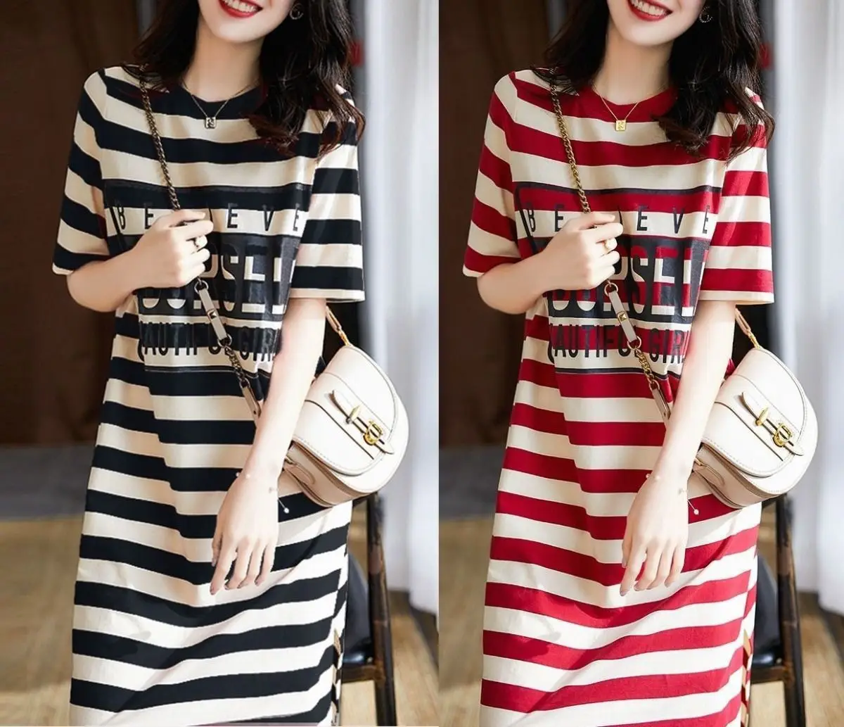 Women Korean Stripe Printed Mid-Length Dress — feature 4