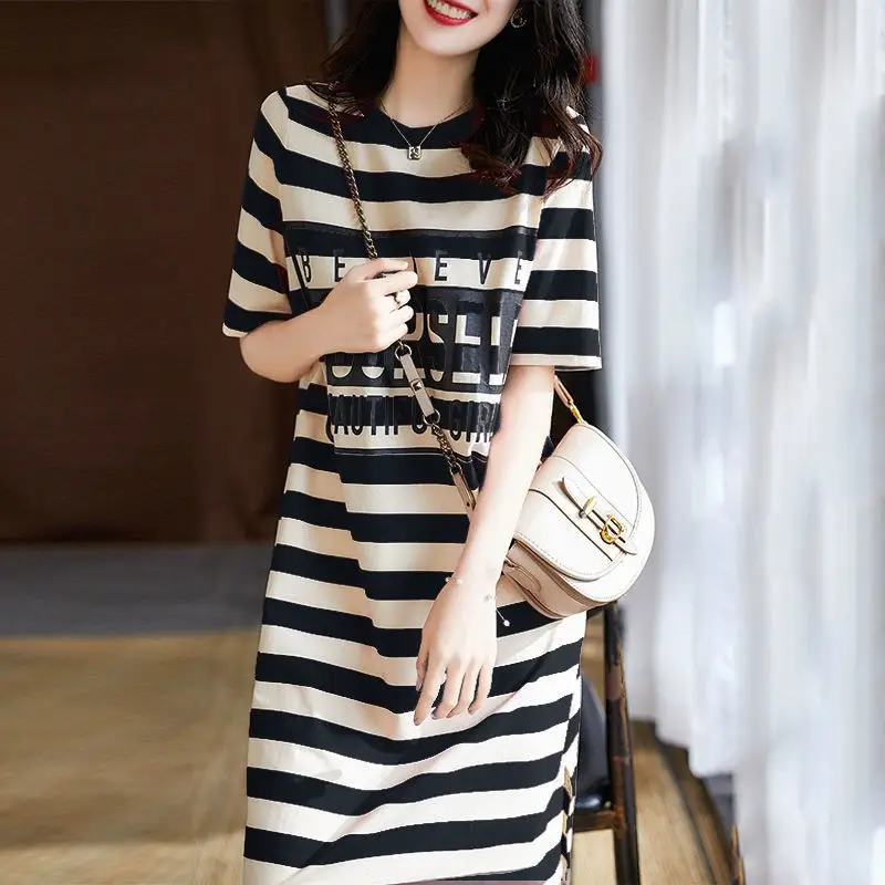 Women Korean Stripe Printed Mid-Length Dress - Image 2