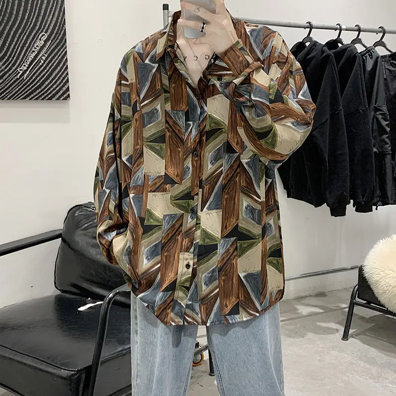 Men Korean Style Long Sleeve Shirt Patterned Loose Casual - Image 3