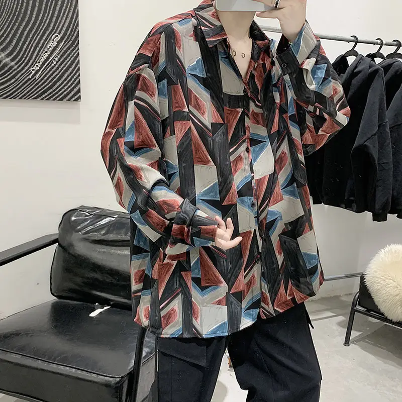 Men Korean Style Long Sleeve Shirt Patterned Loose Casual - Image 5