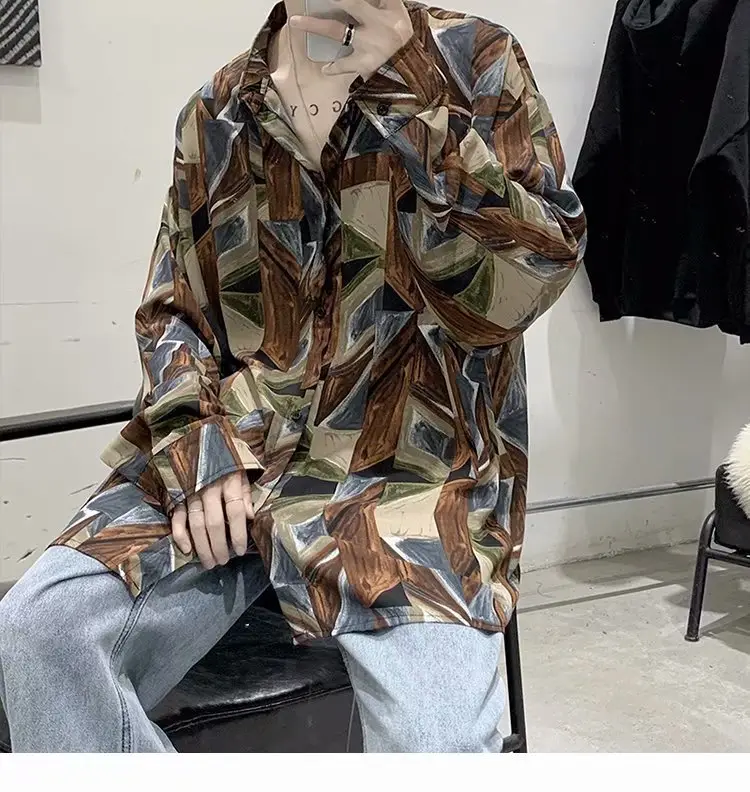 Men Korean Style Long Sleeve Shirt Patterned Loose Casual - Image 6