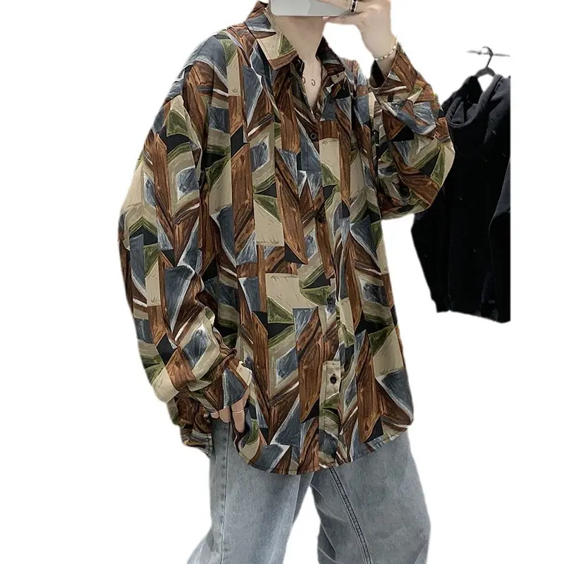 Men Korean Style Long Sleeve Shirt Patterned Loose Casual - Image 7