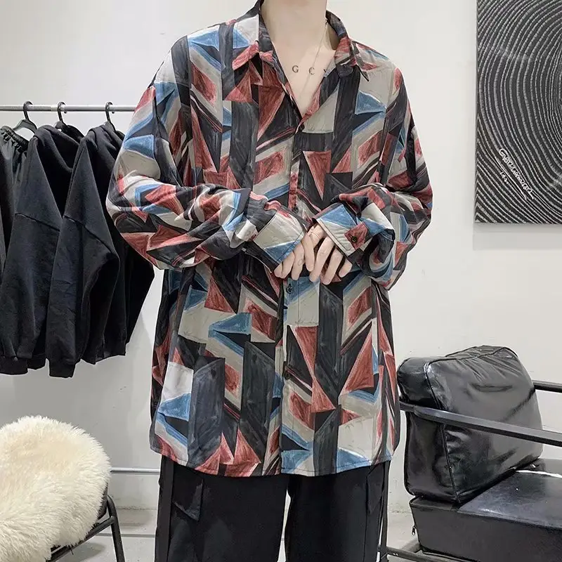 Men Korean Style Long Sleeve Shirt Patterned Loose Casual - Image 2