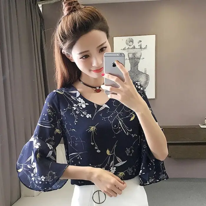 Women Floral Trumpet Sleeve Chiffon Shirt 2025 Summer - Image 8