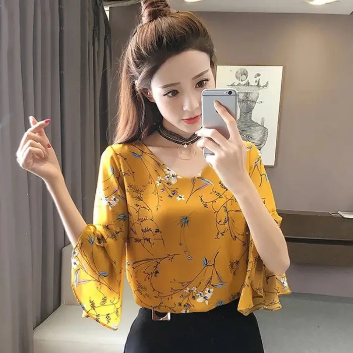 Women Floral Trumpet Sleeve Chiffon Shirt 2025 Summer - Image 9