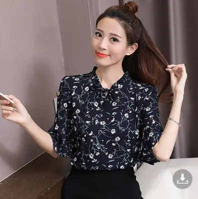 Women Floral Trumpet Sleeve Chiffon Shirt 2025 Summer - Image 4