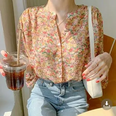 Women Floral Trumpet Sleeve Chiffon Shirt 2025 Summer - Image 5