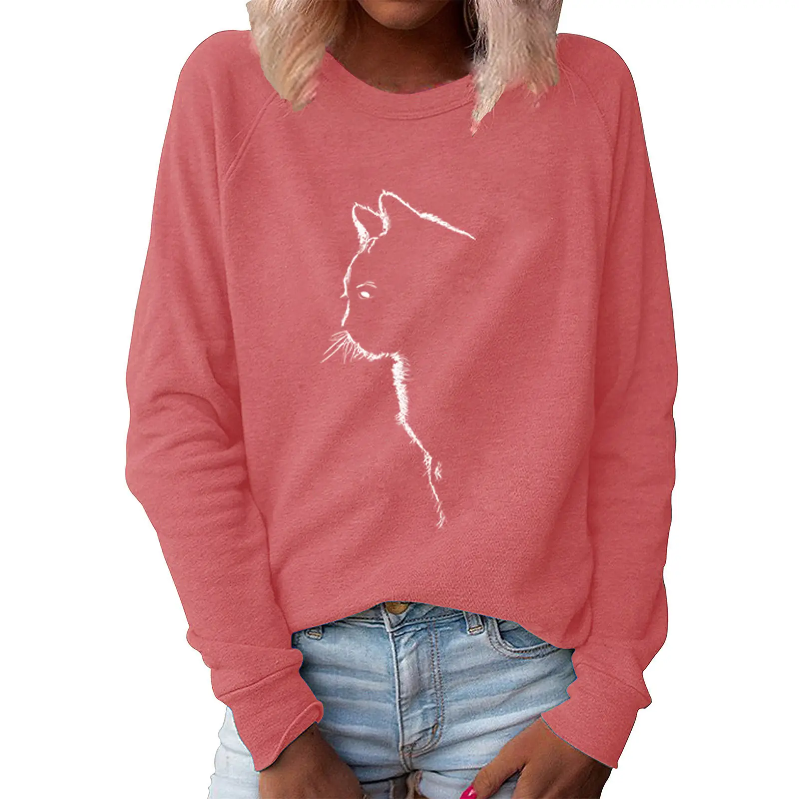 Women's Blue Cat Print Sweatshirt Long Sleeve Round Neck - Image 10