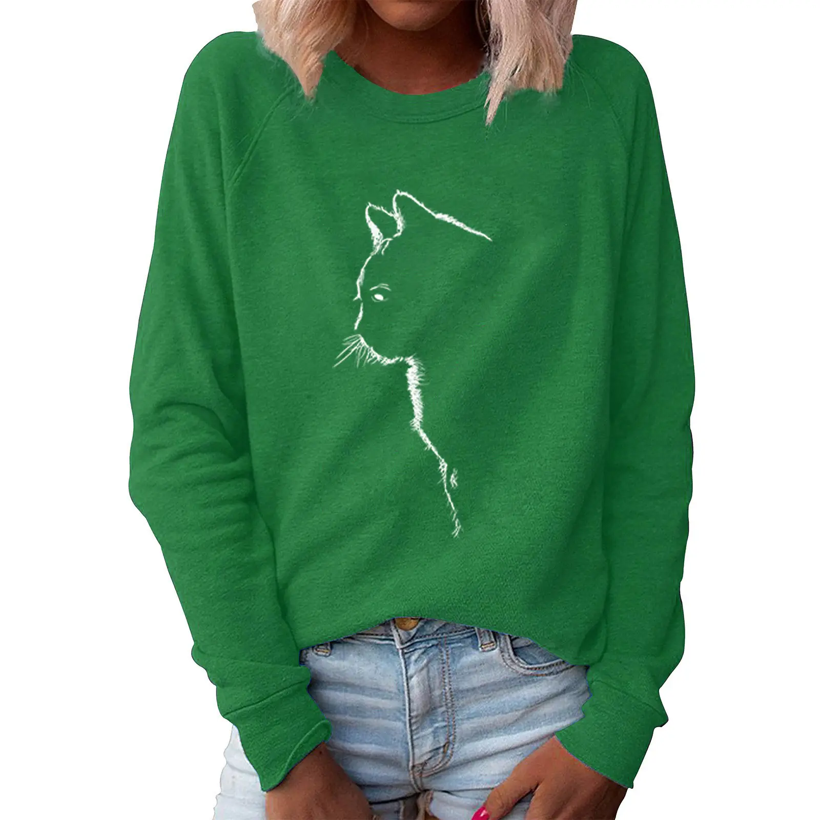Women's Blue Cat Print Sweatshirt Long Sleeve Round Neck - Image 2