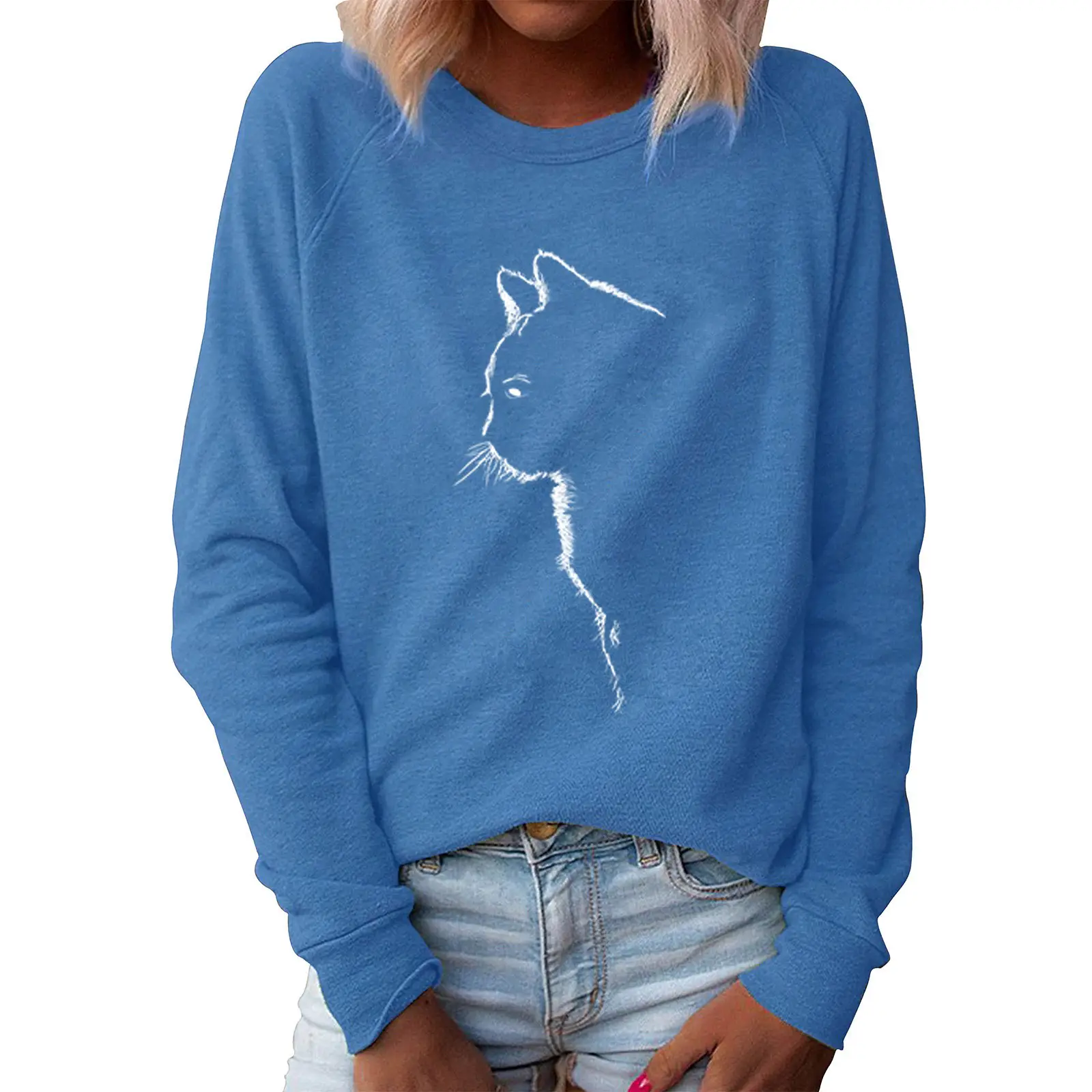Women's Blue Cat Print Sweatshirt Long Sleeve Round Neck - Image 5