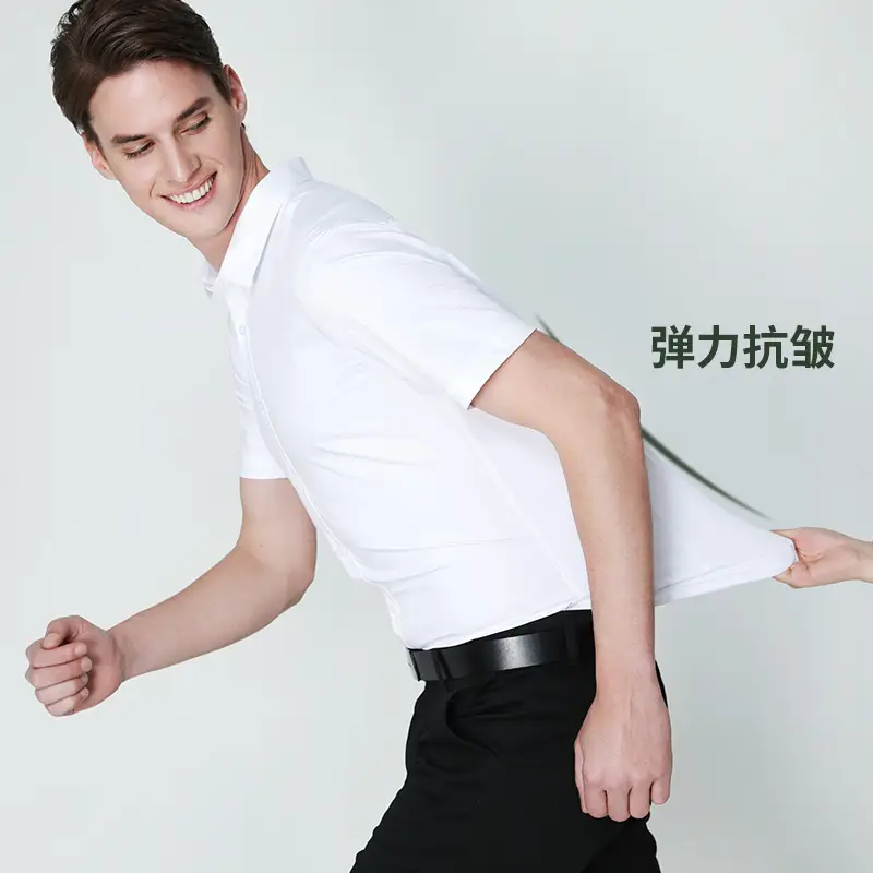 Men's Elastic Bamboo Fiber Business Shirt White Short Sleeve - Image 25