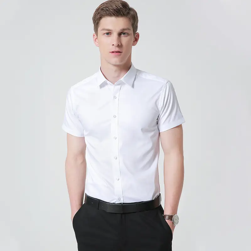 Men's Elastic Bamboo Fiber Business Shirt White Short Sleeve - Image 27