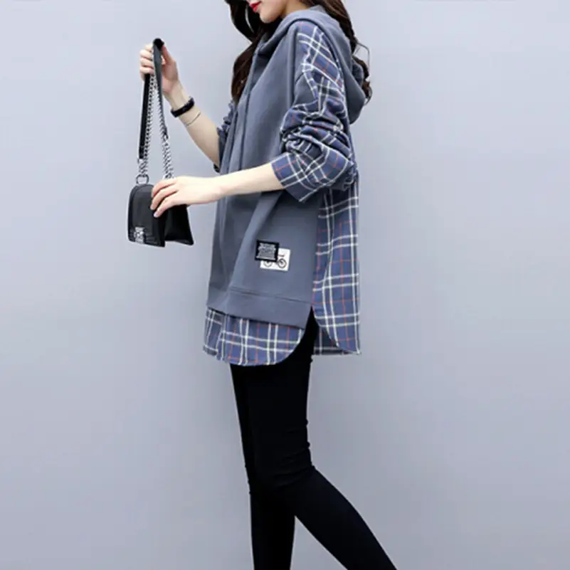 Fake Korean Hooded Hoodie Set Grey Plaid Loose Fit Women - Image 2