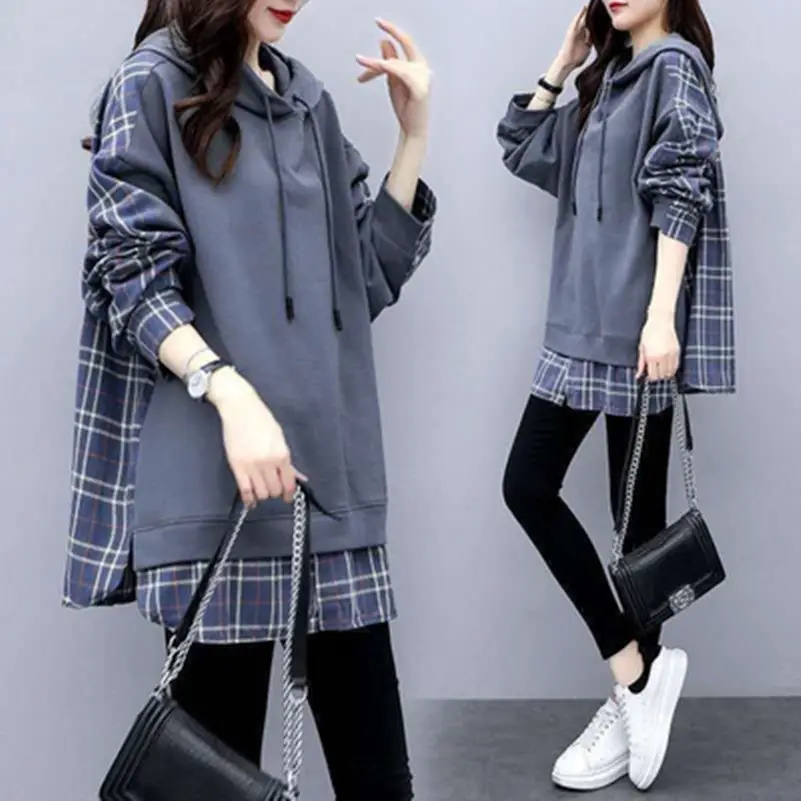 Fake Korean Hooded Hoodie Set Grey Plaid Loose Fit Women - Image 3
