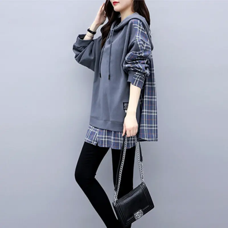 Fake Korean Hooded Hoodie Set Grey Plaid Loose Fit Women - Image 4