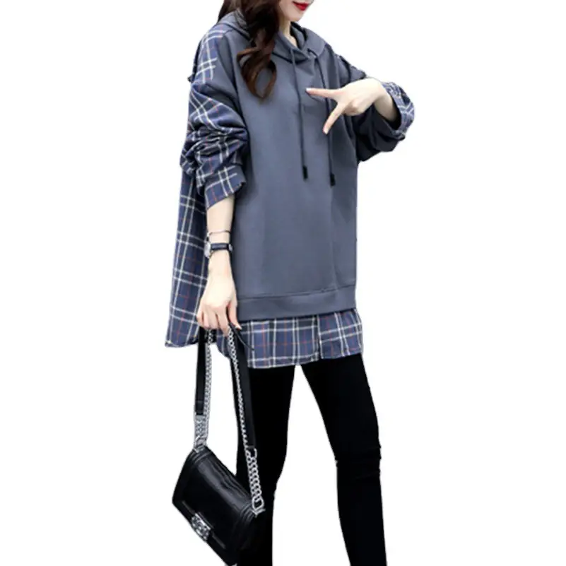 Fake Korean Hooded Hoodie Set Grey Plaid Loose Fit Women - Image 5