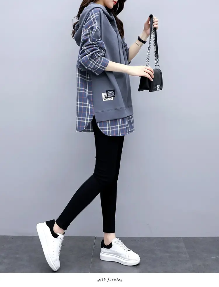 Fake Korean Hooded Hoodie Set Grey Plaid Loose Fit Women — feature 13