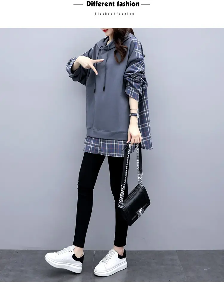 Fake Korean Hooded Hoodie Set Grey Plaid Loose Fit Women — feature 14
