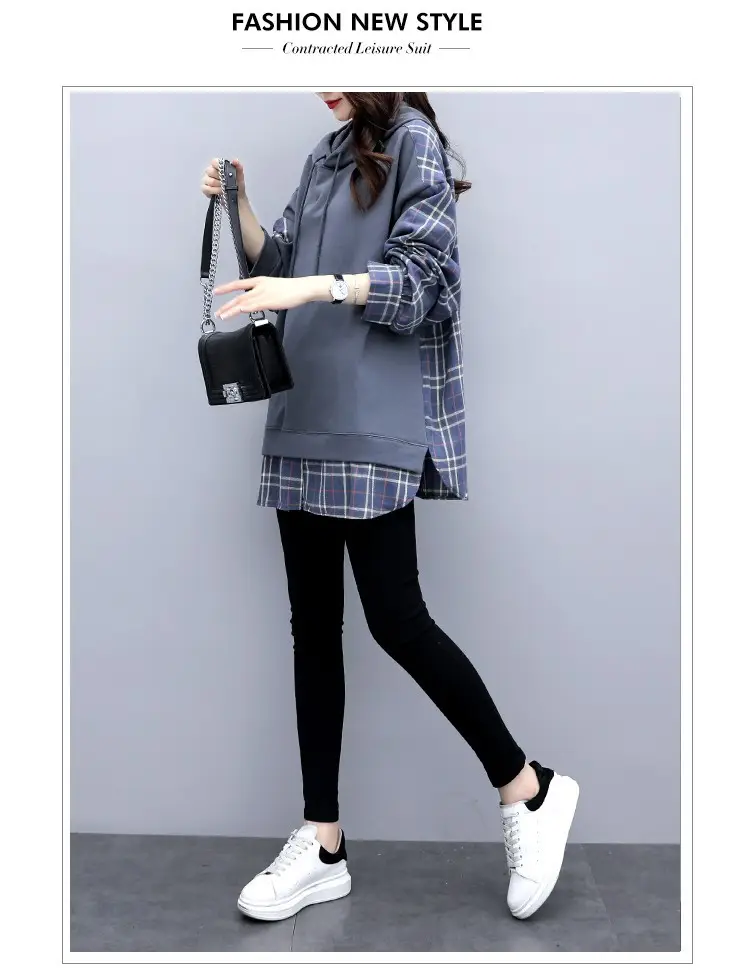 Fake Korean Hooded Hoodie Set Grey Plaid Loose Fit Women — feature 16